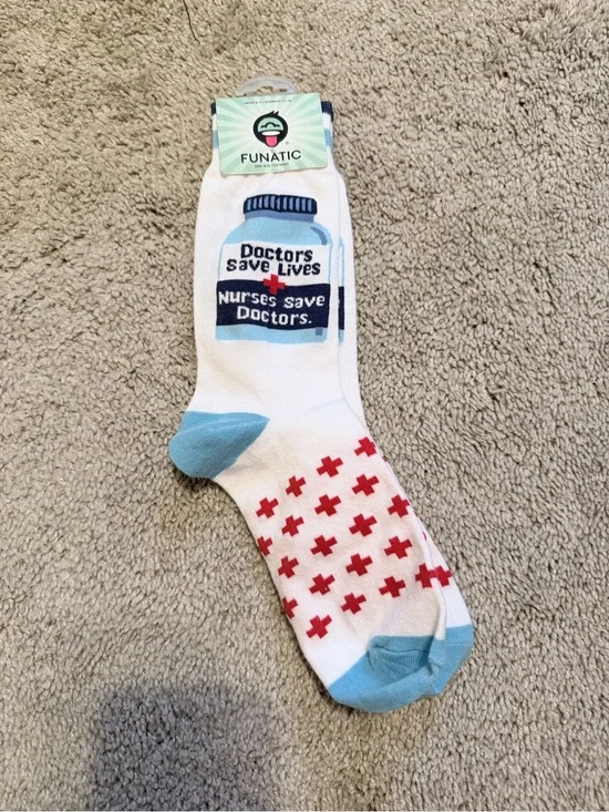 White & Light Blue Medical Theme Crew Socks - Nurses Save Doctors