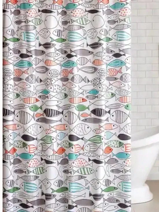 Whimsical Fish Print Shower Curtain in Teal, Mint & Coral