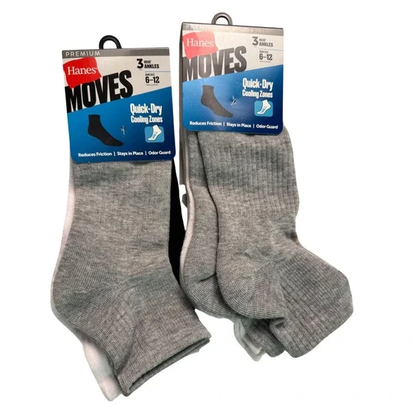 Hanes Moves Mens Ankle Socks 6 Pair Lot Quick-Dry Cooling Black White Grey 6-12