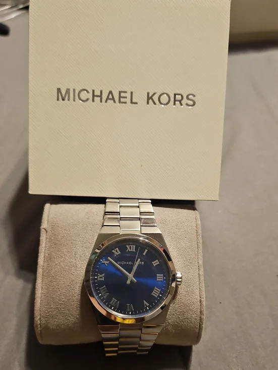Michael Kors Silver Watch with Blue Dial and Roman Numerals