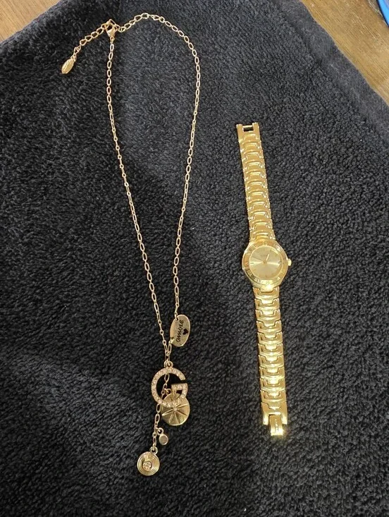 Vintage Guess Gold-Tone Pendant Necklace and Matching Gold Watch