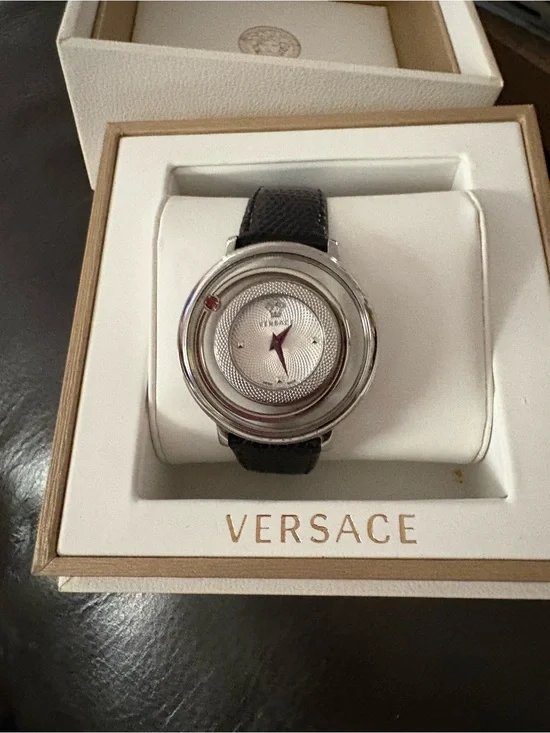 Versace Silver Dial Black Leather Strap Watch with Red Accent