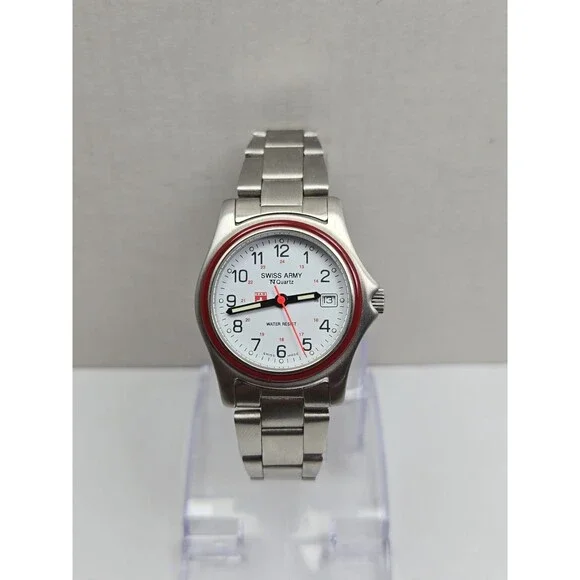 Vintage Swiss Army 1759 30mm Quartz Field Watch Red Bezel White Dial New Battery