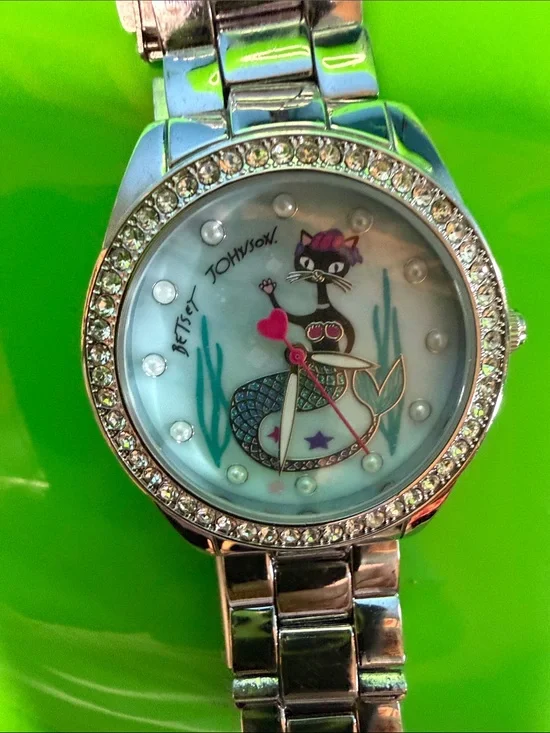Betsey Johnson Silver Watch  with cat mermaid with Pink and Green Accents