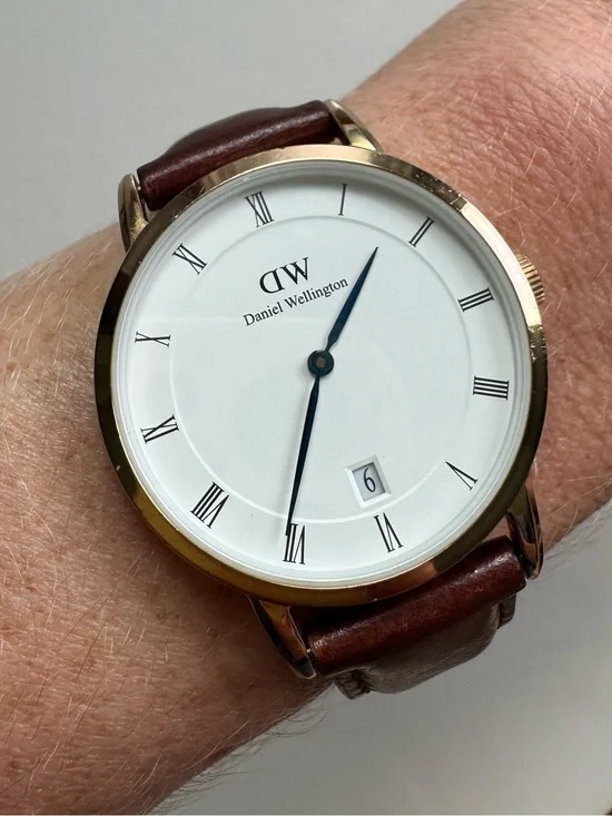 Daniel Wellington White Dial Watch with Gold Case and Brown Leather Strap