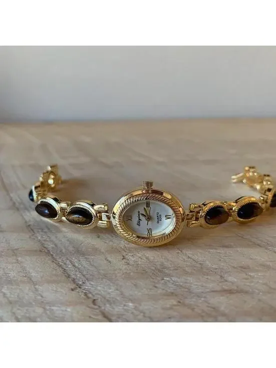Y2k style Dainty cute Gold style tone quartz watch with brown jade stone opal ac