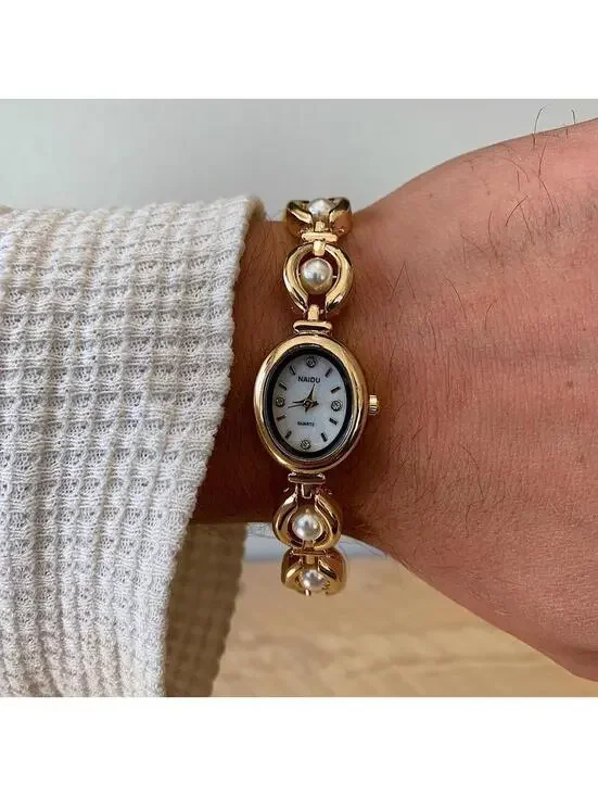 Luxury Y2K style Gold round stainless steel quartz pearl stone charm watch