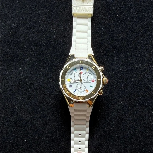 Michele White Silicone Strap Chronograph Watch with Gold Bezel