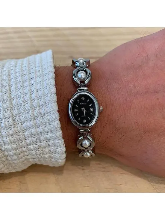 Luxury Y2K style Silver round stainless steel quartz pearl stone charm watch