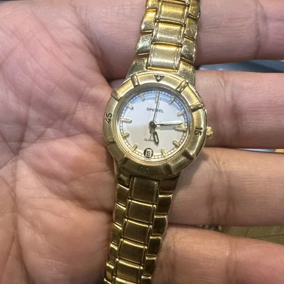 Works VTG Speidel Ladies Quartz Watch Gold Tone Date New Battery 26mm Fit 6.5