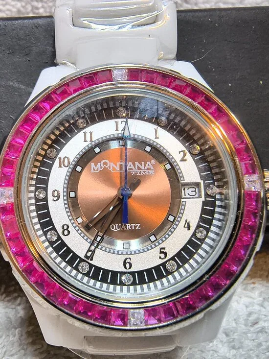 Montana Silversmiths Watch Purple Crystal Ring Dial Date White Band New Bat Mint