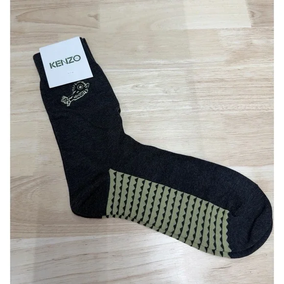 KENZO Men's 42-44 Charcoal Embroidered Logo Cotton Blend Crew Socks