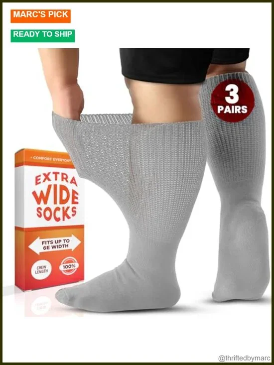 Extra Wide Calf Socks, Loose Fit Diabetic Socks for Men & Women, 3 Pairs Cotton