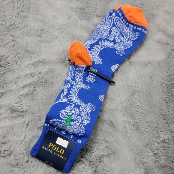 Polo Ralph Lauren Socks Mens 10-13 Blue Paisley Mid Calf Green Pony Cotton Blend