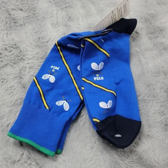 Polo Ralph Lauren Socks Mens 10-13 Blue Stripe Crew Mid Calf Tennis Prep Racquet