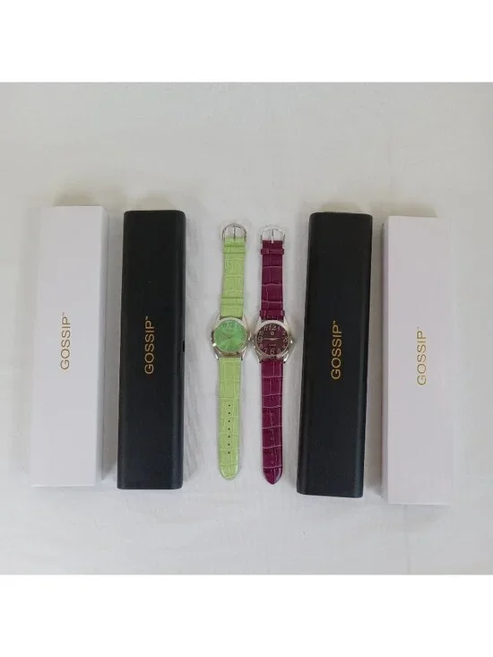2 Gossip Women's Quartz Wristwatch Green Purple Embossed Leather NEW BATTERIES
