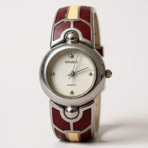 Gruen Quartz Bangle Watch Red and‎ Silver Tone Stylish Womens Jewelry