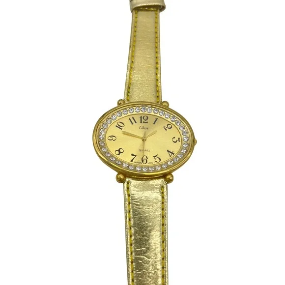 Collezio Gold Tone Oval Rhinestone Bezel‎ Watch Metallic Gold Strap Japan Movt