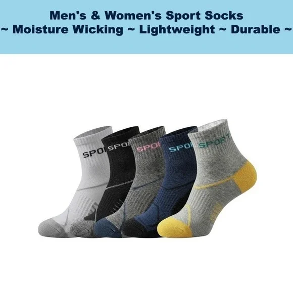 Unisex Lightweight Athletic Sport Socks LARGE Cotton Blend Retro 5 Pairs OS NEW