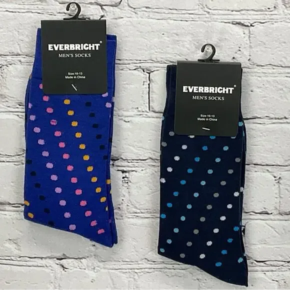 Everbright Socks 2-Pair Men’s Size 10-13 Blue/Navy w/Bright Colored Dots Novelty