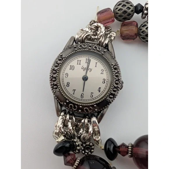 Legacy Watch Women Silver Case‎ Purple Beaded Bracelet Band- New Battery