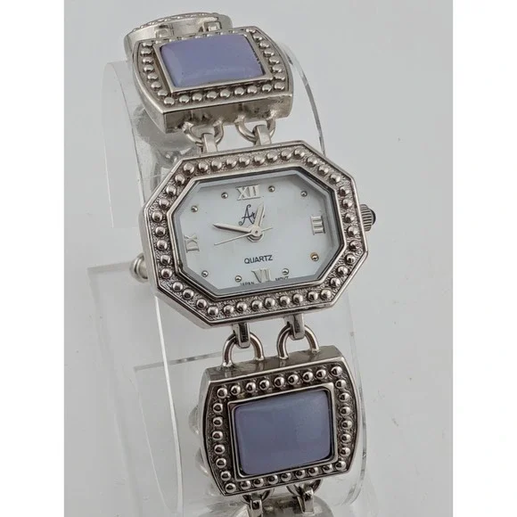 Aria Women's Purple Gemstone Silver Tone Watch MOP Dial 23-569 New Battery