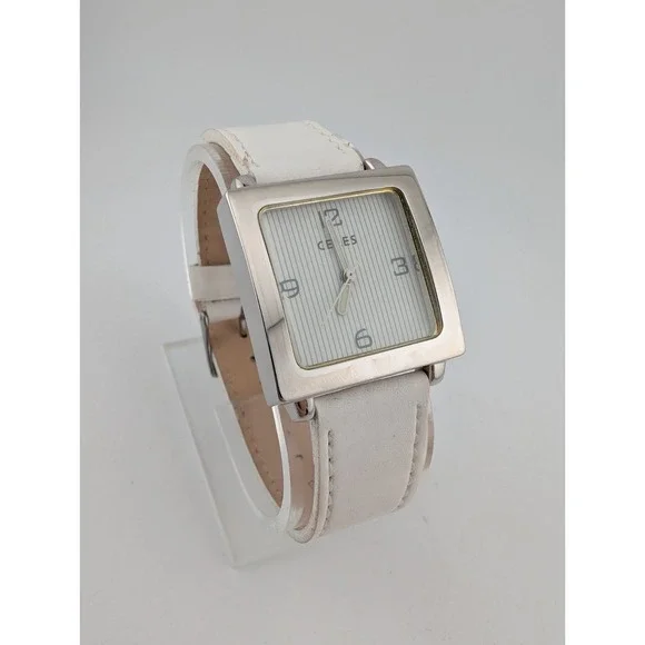 Ceres New York Watch Women 30mm Silver Case White Leather Band- New Battery