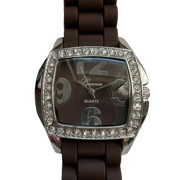GENEVA P721 Women's Watch Water Resistant Brown Silicone Band Brand New 9‎ in