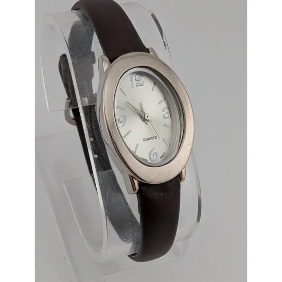 Avon Watch Women 21mm Silver Case Brown Leather Band- New‎ Battery