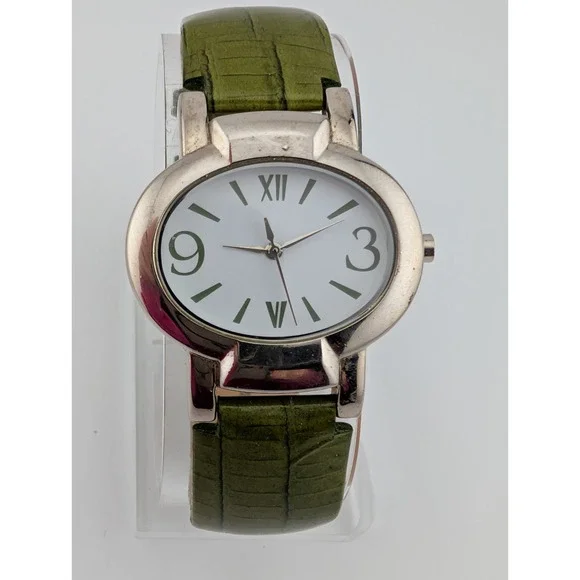 Coldwater Creek Watch Women 35mm Case Olive Green Leather Band- New Battery‎