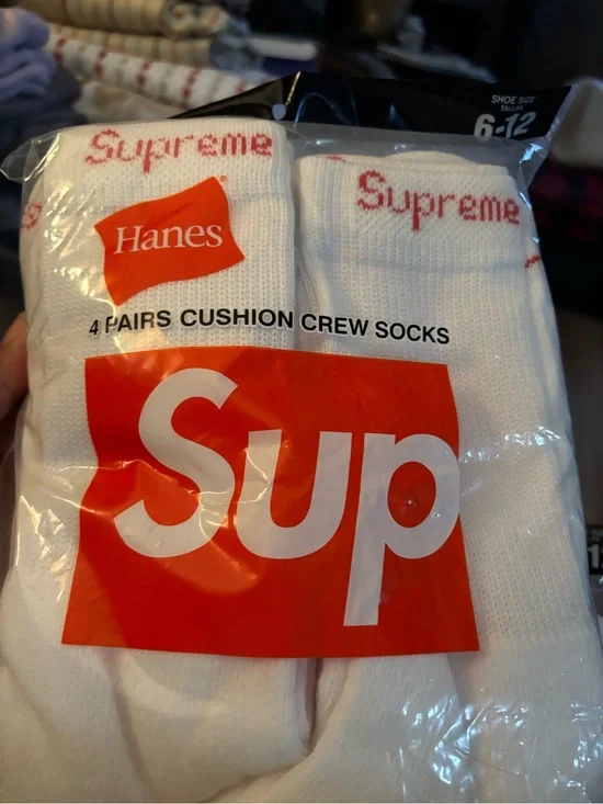 Hanes White Crew Socks with Red Supreme Logo - 4 Pack