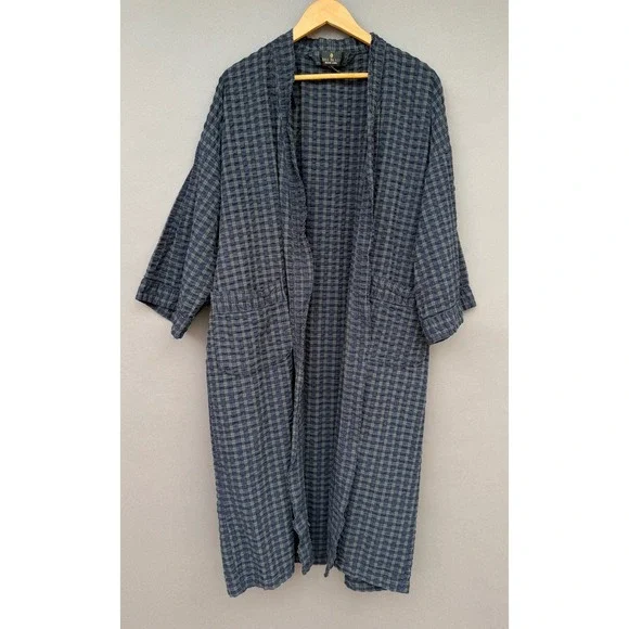 Bill Blass Black Label Men Robe Blue Green Plaid Seersucker Cotton Lounge Wrap