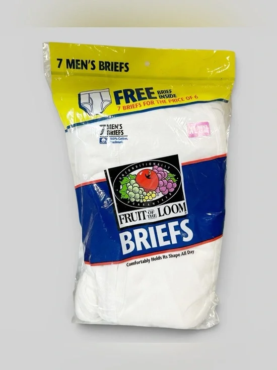 Vintage 1999 Fruit Of The Loom White Cotton Briefs 7-Pack Mens XL 42-44 New