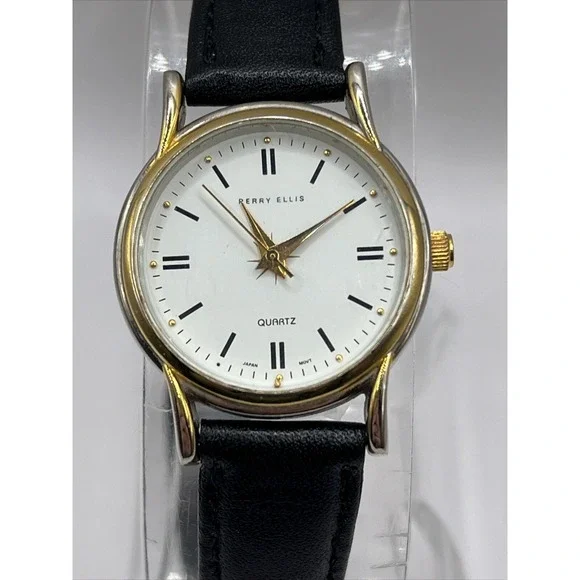 Perry Ellis Women's Quartz Watch Black‎ Leather Band Gold Case- New Battery