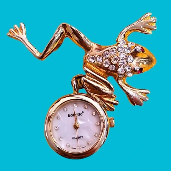 BONETTO CRYSTAL FROG WATCH BROOCH Vintage‎ TCU