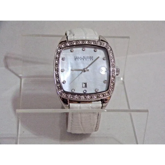 Joan Rivers Classics V377 White Band Silver Tone Gem Stones Sq Date Womens Watch
