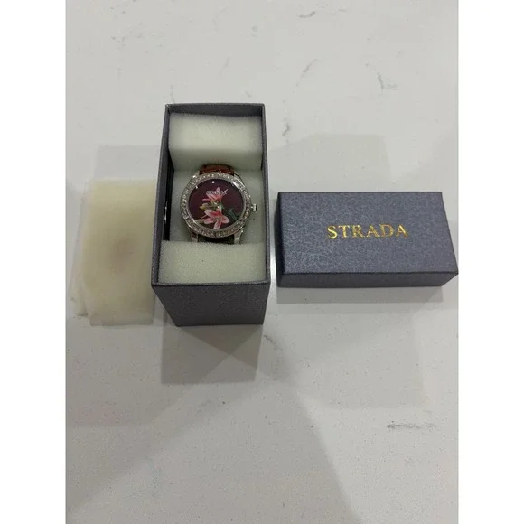 Strada Quartz‎ Watch Women Silver Tone Crystal Bezel Floral Lily Dial Brown Band