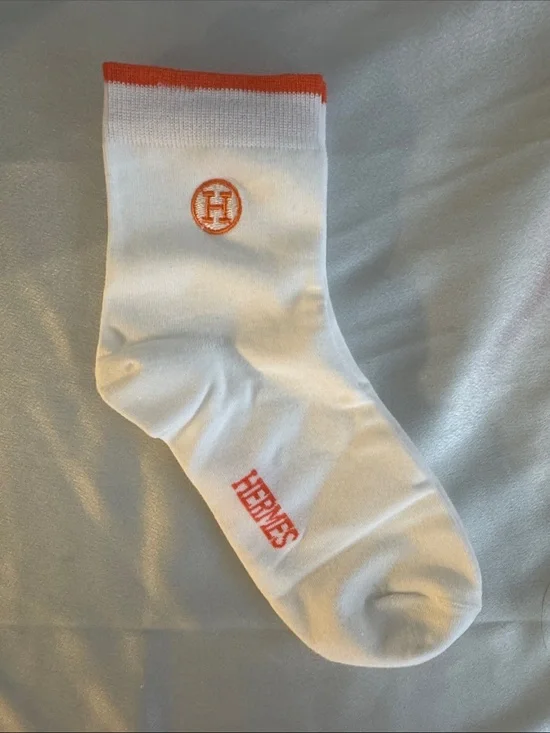 New! Hermes White & Orange Logo Crew Socks