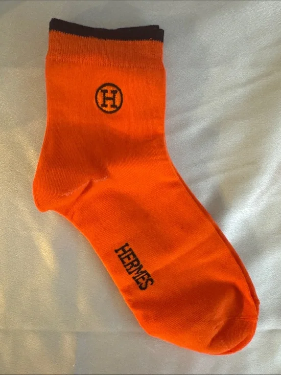 New! Hermes Orange Crew Socks with Black Logo Trim