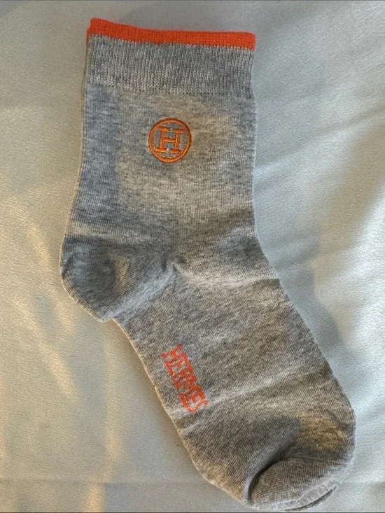 New! Hermes Gray & Orange Men's Crew Sock with Contrast Trim