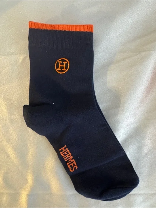 New! Hermes Navy Socks with Orange Logo Trim