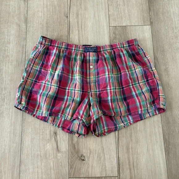 Polo Ralph Lauren Boxer Shorts Mens Large Pink Blue Plaid Cotton Pony