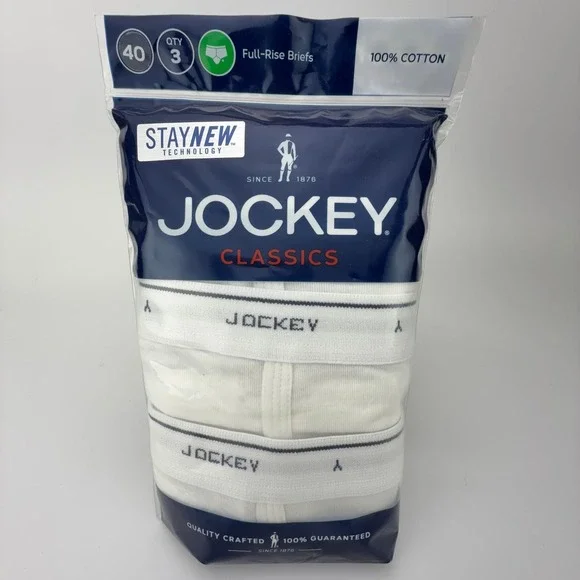 Jockey Classics Men White Full-Rise Briefs 3-Pack 100% Cotton Size 40 009950/100