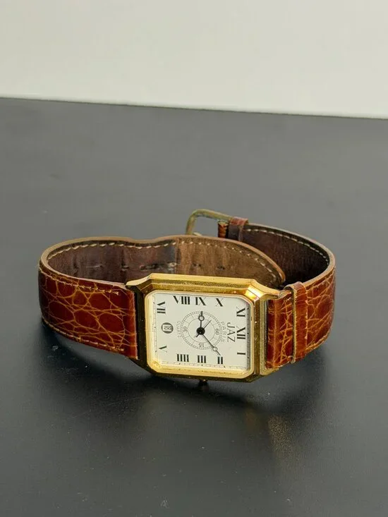 JAZ Paris Vintage Rectangular Quartz Wristwatch Gold Tone Date Leather Band