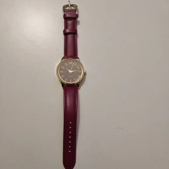 Avon Sentimental Strap Watch For Mom With Burgundy Faux Leather Band & Gold-Tone