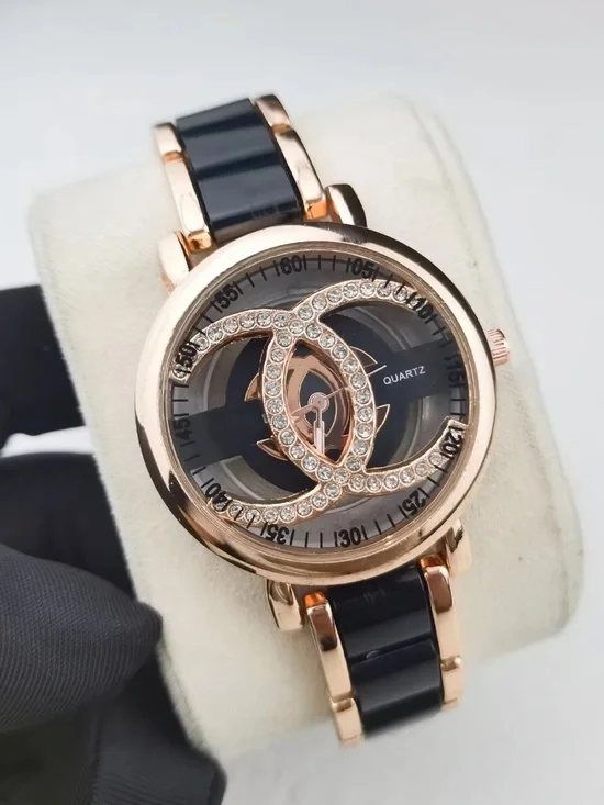 Designer inspired Rose Gold and Black Crystal Accent Women's Bracelet Watch