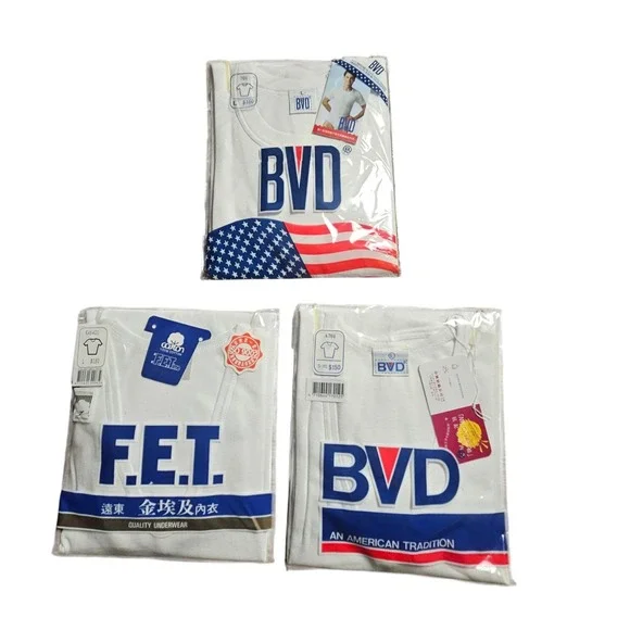 Lot of 3 Vintage BVD and FET White Short Sleeve Shirt L Undershirts Cotton NWT