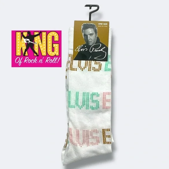 Elvis King of Rock Crew Socks Novelty White  Unisex One Size 7-12