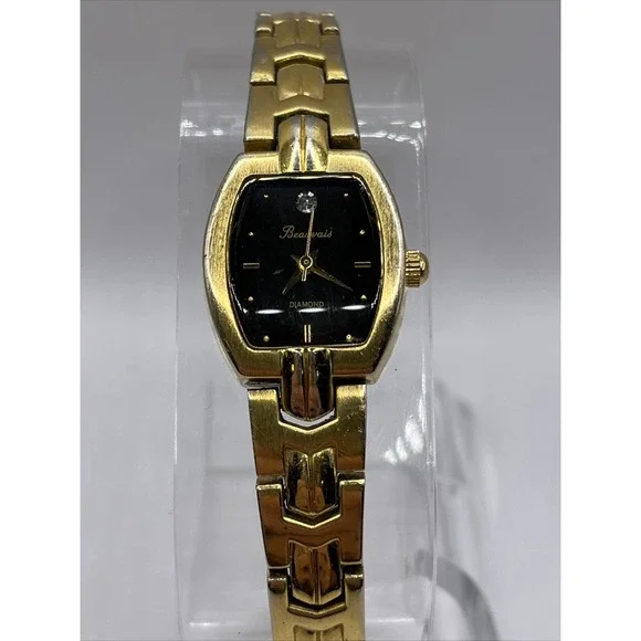 Beauvais‎ Diamond Women's Quartz Watch Gold Band Black Dial- New Battery