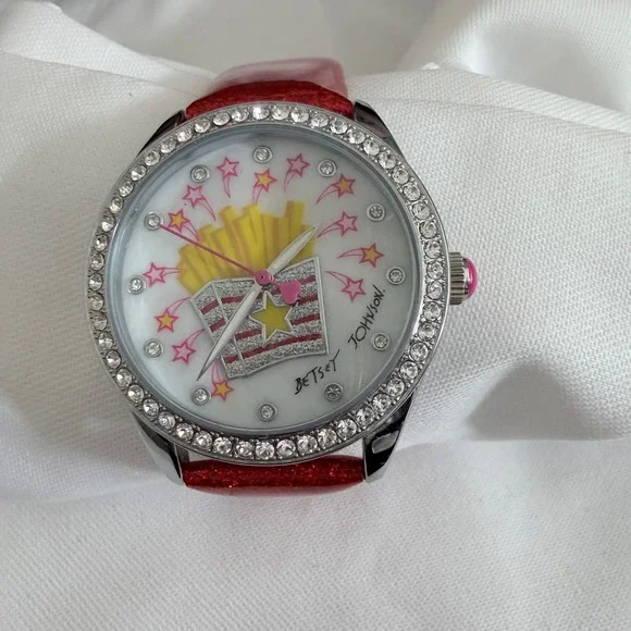 Betsey Johnson Womens OS Red Glitter French Fry Crystal Bezel Watch Accessory